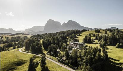 View of our hotel nestled among alpine meadows and forests, with the majestic Dolomites in the background.