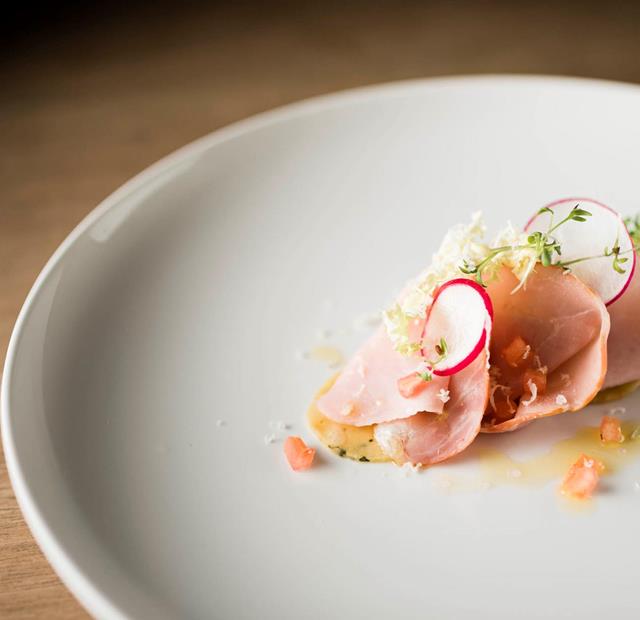 Tender meat with radish and fresh herbs – elegantly served on a creamy base