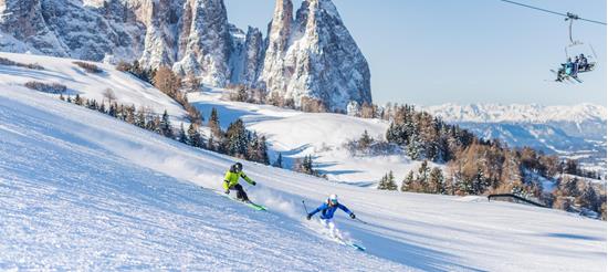 Due sciatori su una pista larga, seggiovie sopra, con le Dolomiti innevate sullo sfondo.