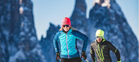 Two people are cross-country skiing